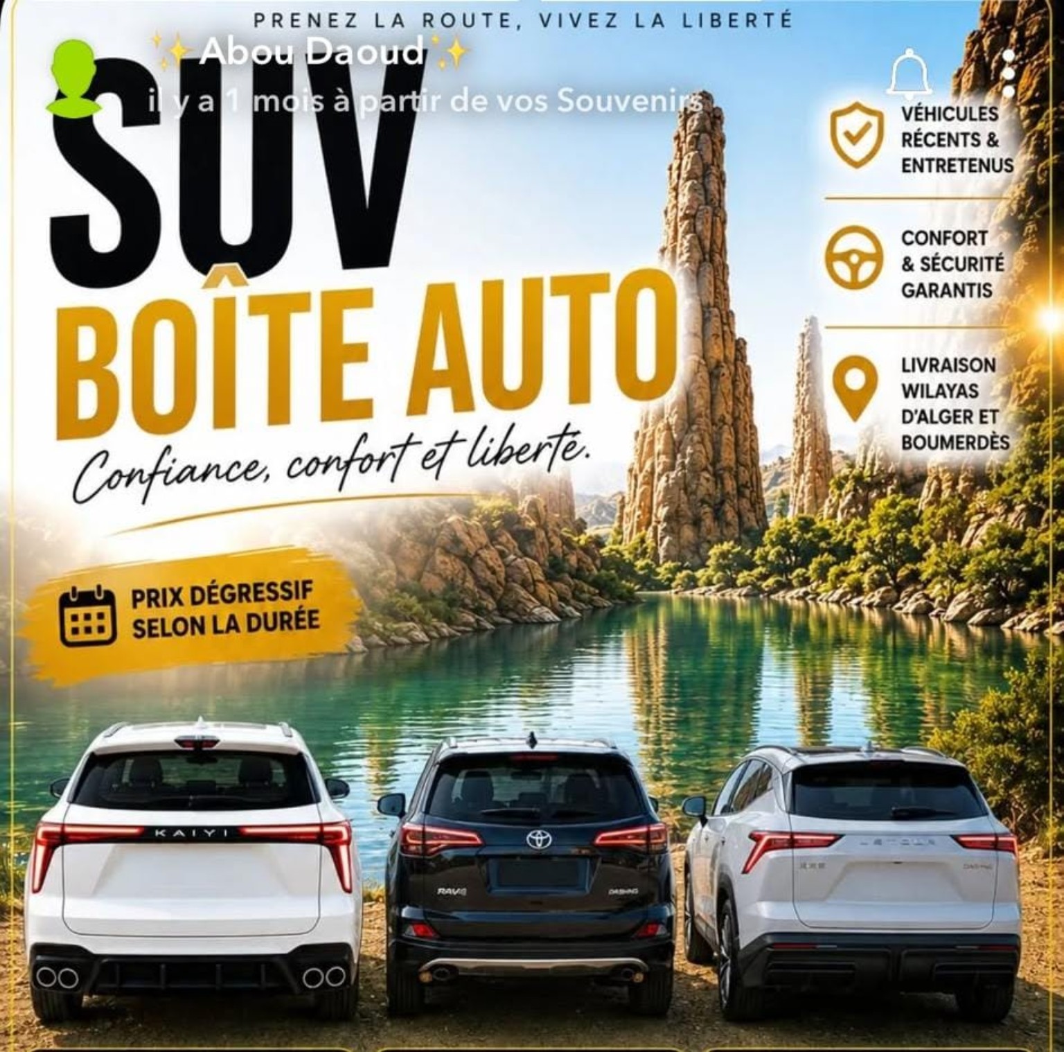 Trois SUV au bord d’un lac entouré de falaises